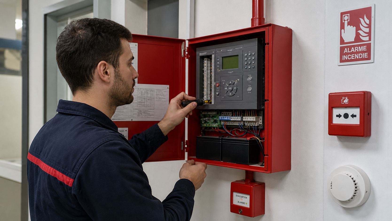 Technicien réalisant la maintenance d'une alarme incendie